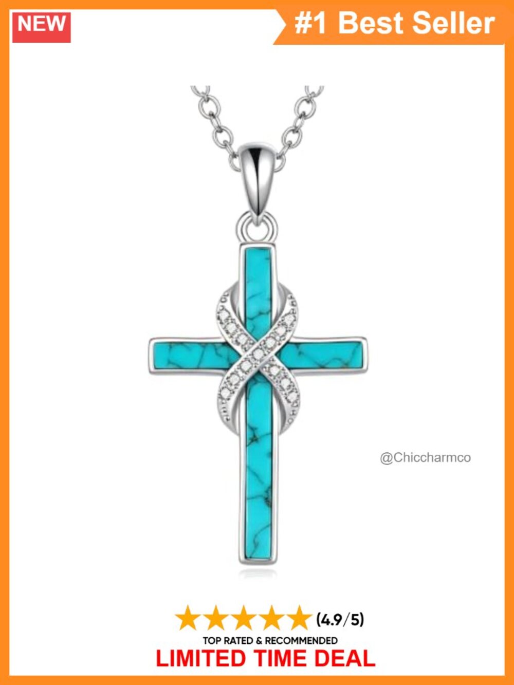 Genuine Turquoise Cross Necklace 925 Sterling Silver CZ Pendant Boho